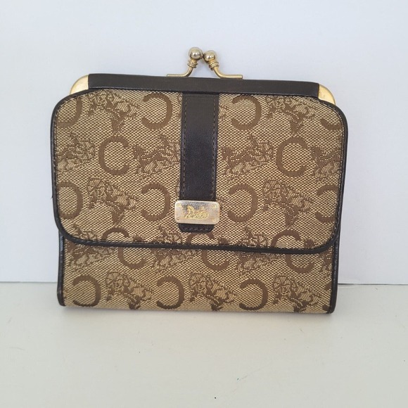 Celine Vintage Medium Bifold Horse And Carriage Wallet Kisslock Brown Tan Purse